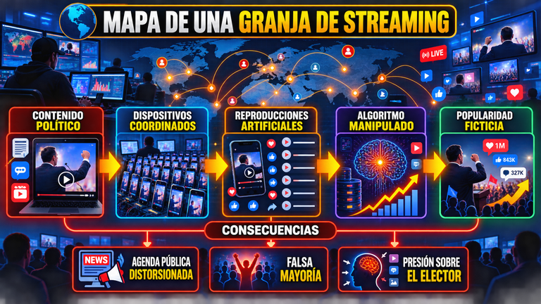 Granja de bots y streaming farms utilizadas para manipular algoritmos y opinión pública en campañas políticas.